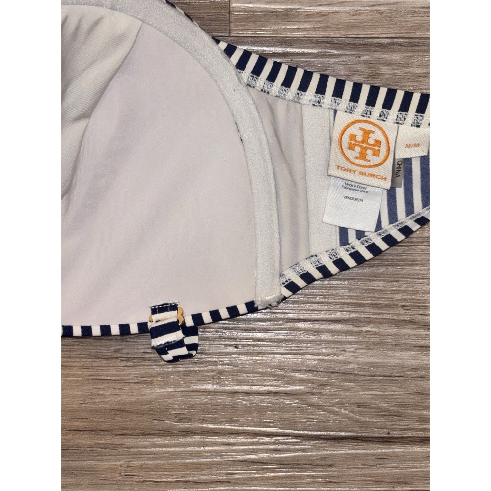 Tory Burch Wms Swim Bikini Top M Blue White Nautical Stripe Tie back Removeable - Picture 10 of 10